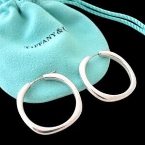 Tiffany & Co 925 Silver Cushion Square Hoop Earrings Large Classic Box Pouch